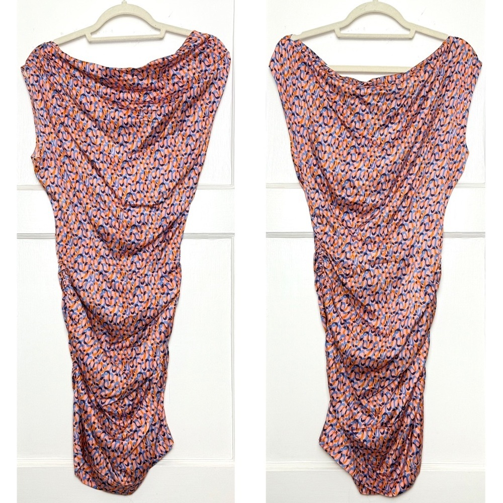 NWT WOLF & BADGER Psychedelic Print Satin Ruched Draped Off Shoulder Dress XS - Picture 6 of 14